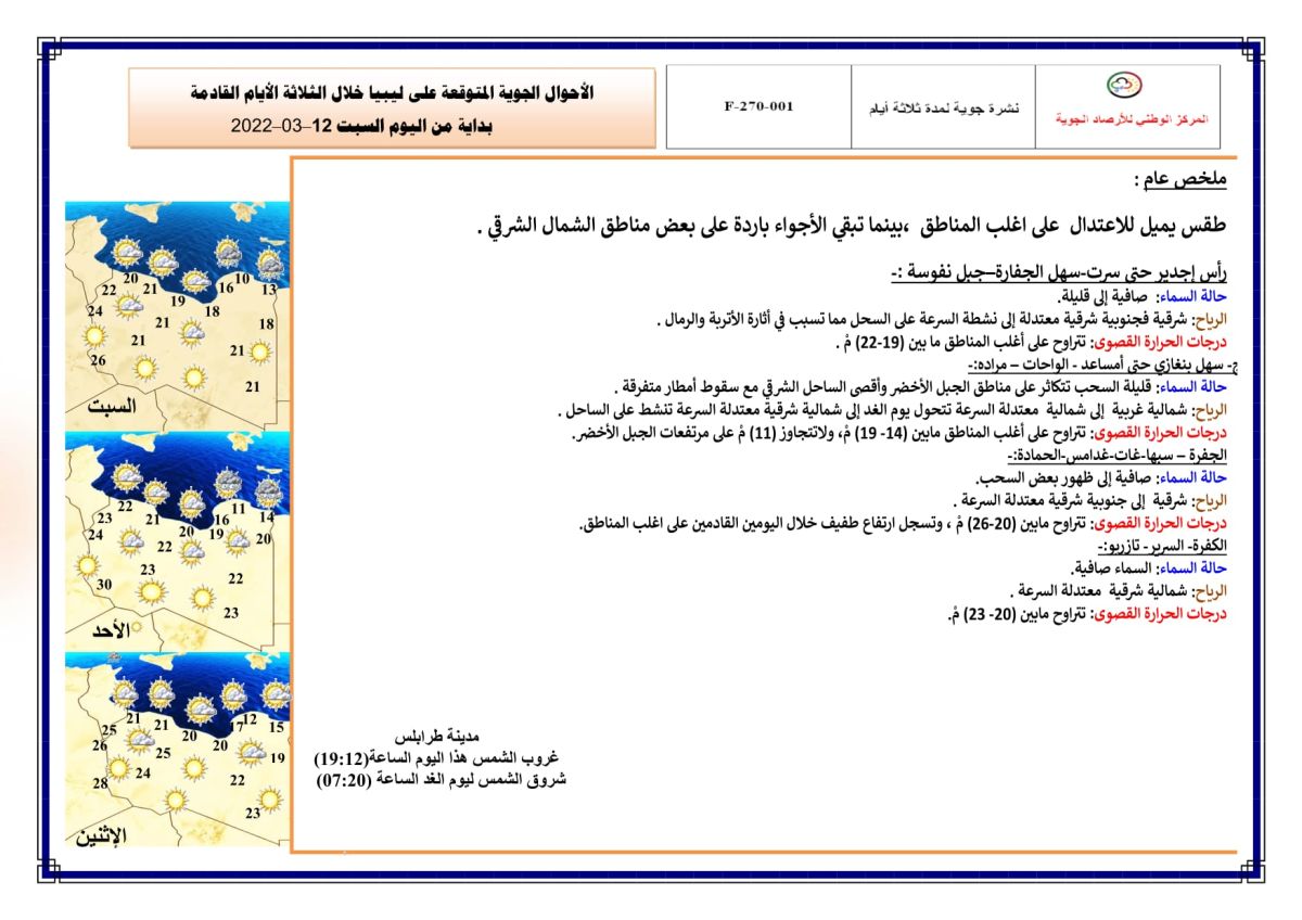 النشرة الجوية ليوم السبت الموافق 12 – 03 – 2022 الصادرة عن المركز الوطني للأرصاد الجوية