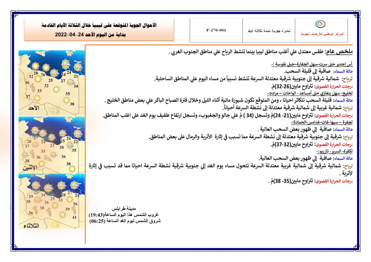 النشرة الجوية ليوم الأحد الموافق 24 – 04 – 2022 الصادرة عن المركز الوطني للأرصاد الجوية