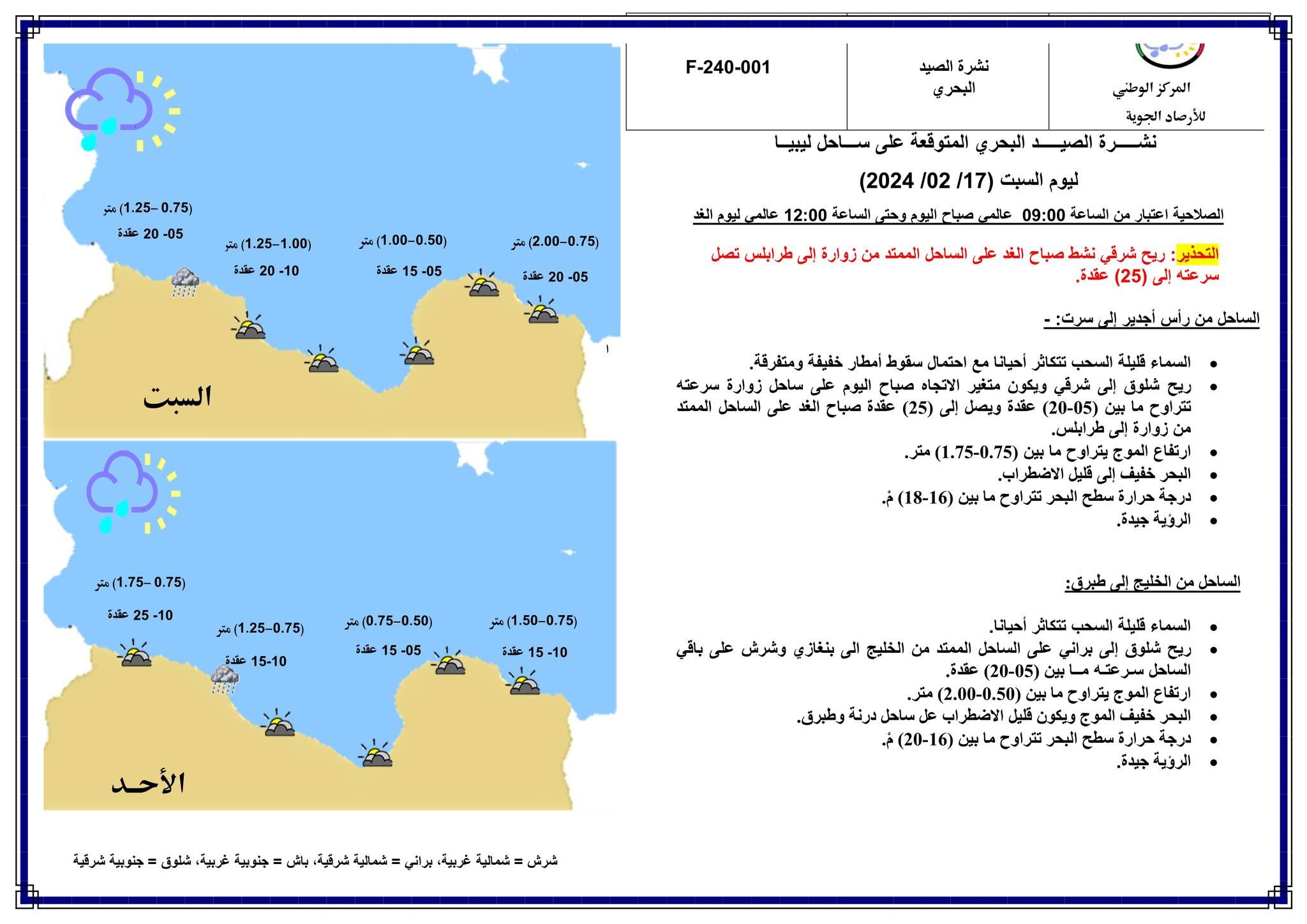 النشرة الجوية ليوم السبت الموافق 17– 02– 2024 الصادرة عن المركز الوطني للأرصاد الجوية