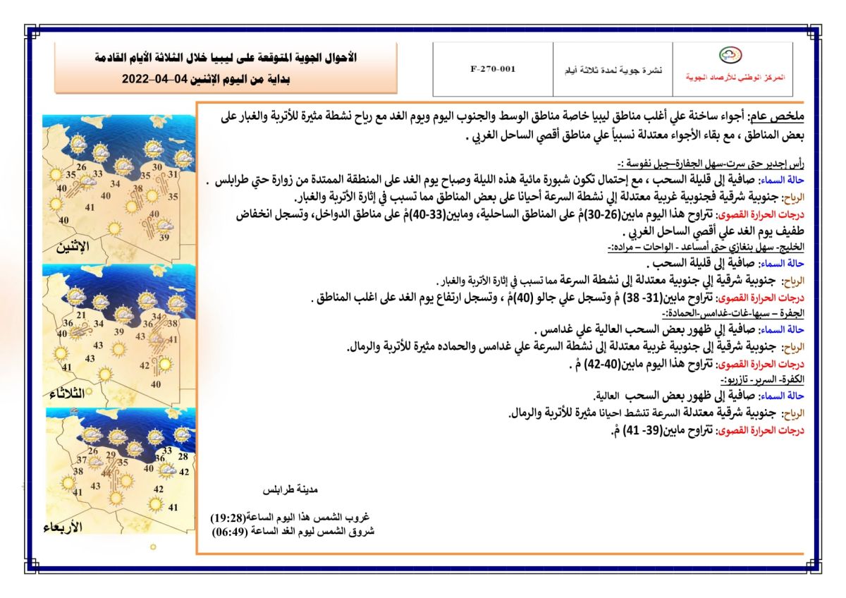 النشرة الجوية ليوم الاثنين الموافق 04 – 04 – 2022 الصادرة عن المركز الوطني للأرصاد الجوية