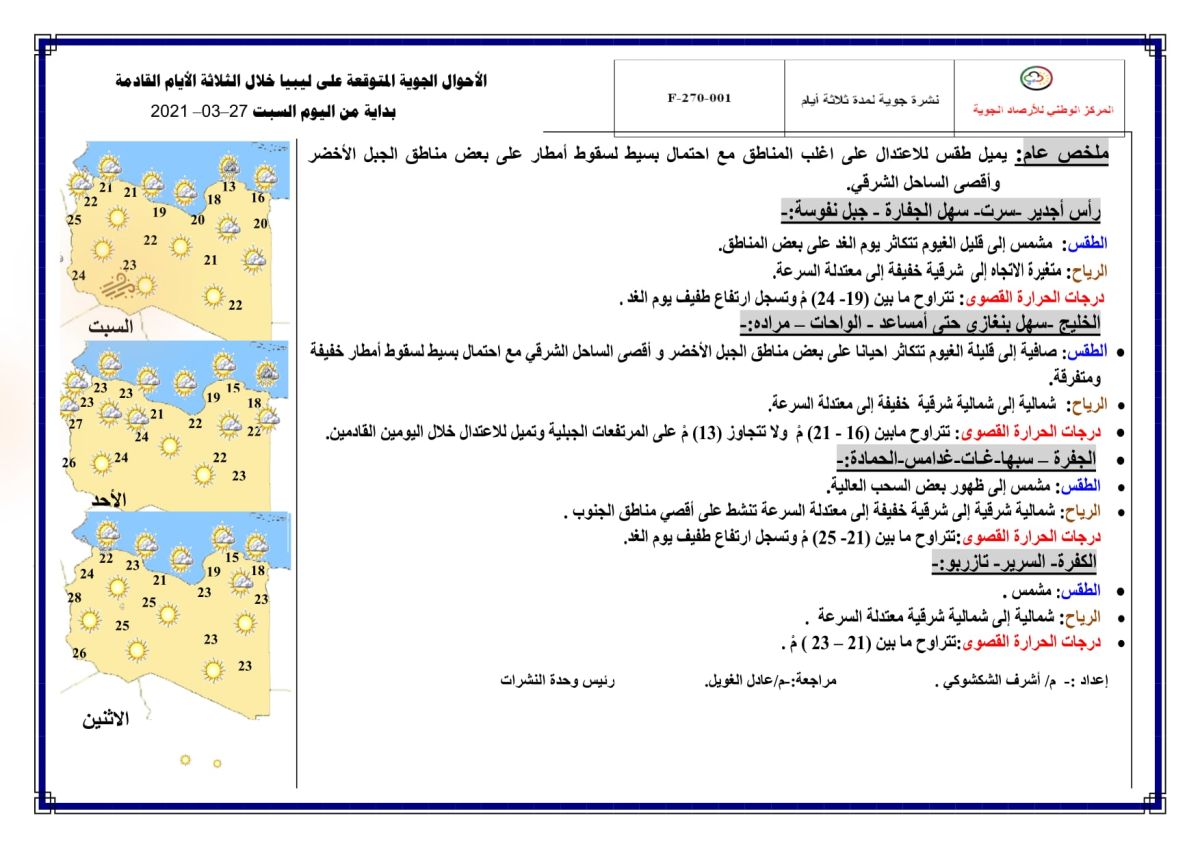 النشرة الجوية ليوم السبت الموافق 27 – 03 – 2021 الصادرة عن المركز الوطني للأرصاد الجوية