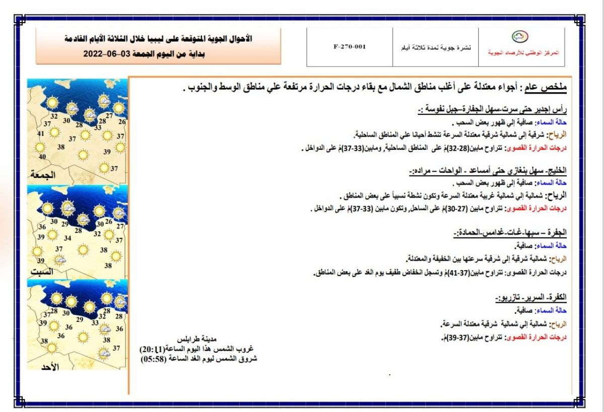 النشرة الجوية ليوم الجمعة الموافق 03 – 06 – 2022 الصادرة عن المركز الوطني للأرصاد الجوية