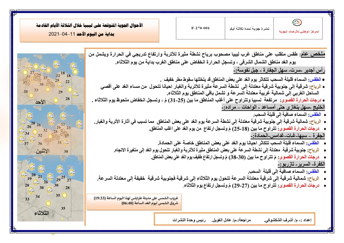 النشرة الجوية ليوم الأحد الموافق 11 – 04 – 2021 الصادرة عن المركز الوطني للأرصاد الجوية 1 النشرة الجوية ليوم الأحد الموافق 11 – 04 – 2021 الصادرة عن المركز الوطني للأرصاد الجوية
