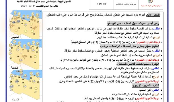 النشرة الجوية ليوم الخميس الموافق 11 – 03 – 2021 الصادرة عن المركز الوطني للأرصاد الجوية