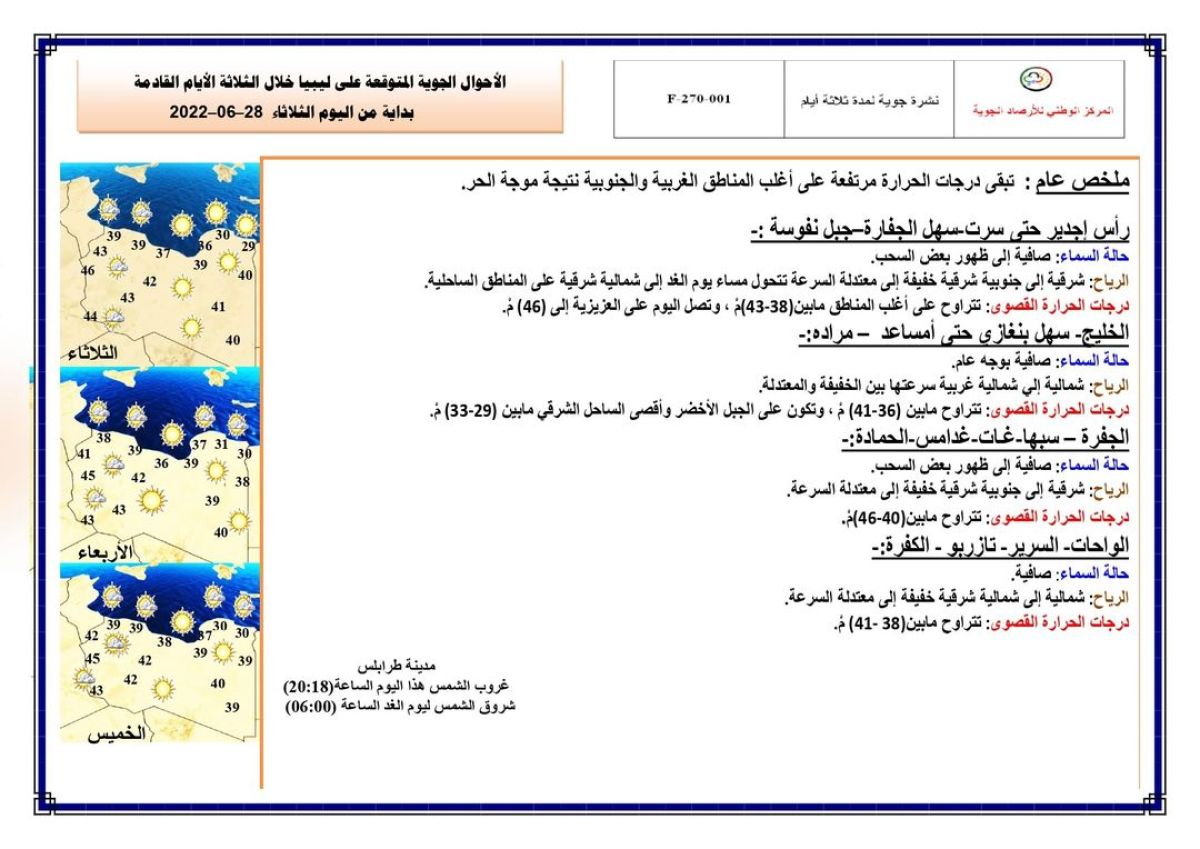 النشرة الجوية ليوم الثلاثاء الموافق 28– 06 – 2022 الصادرة عن المركز الوطني للأرصاد الجوية