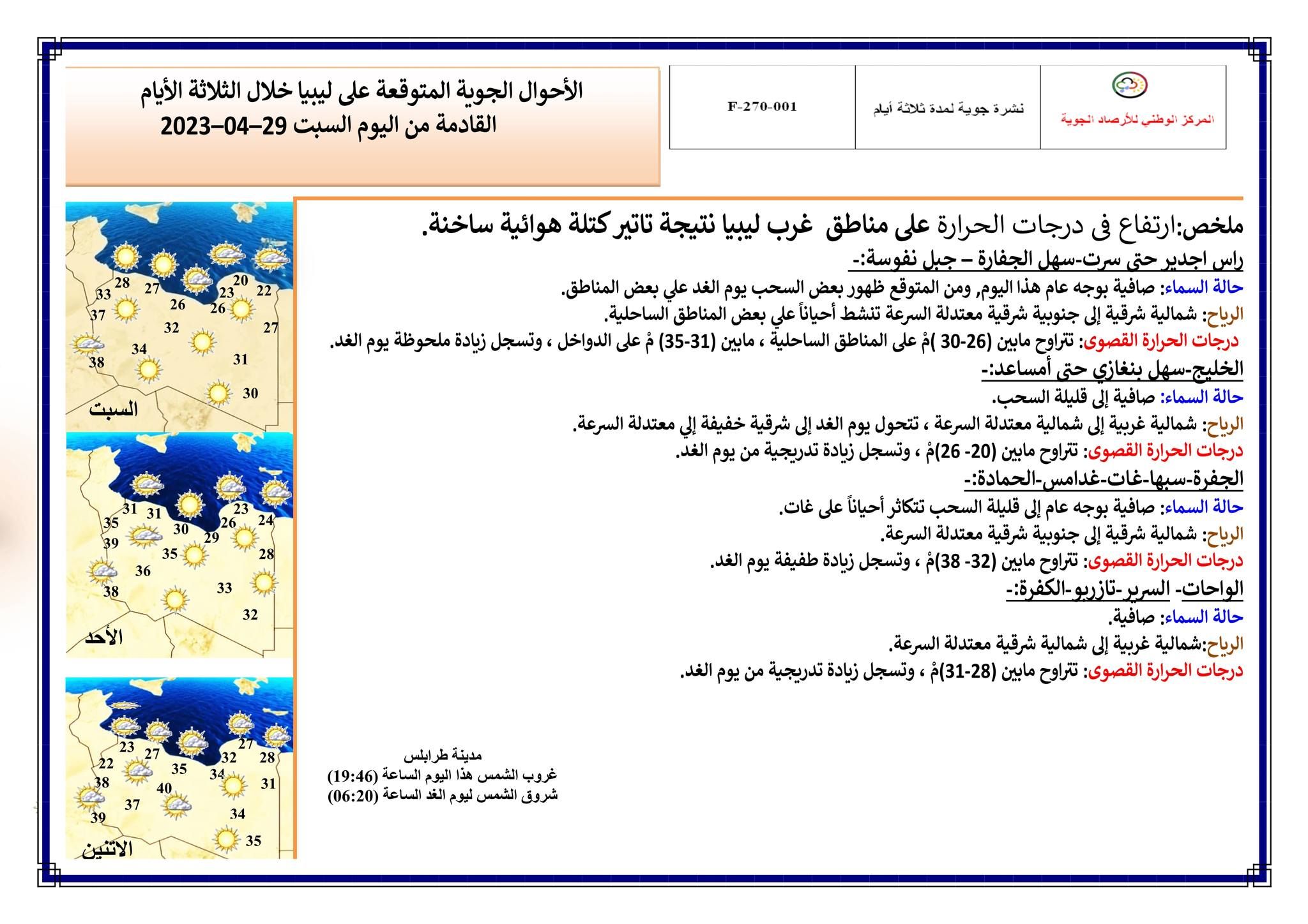 النشرة الجوية ليوم السبت الموافق 29– 04 – 2023 الصادرة عن المركز الوطني للأرصاد الجوية