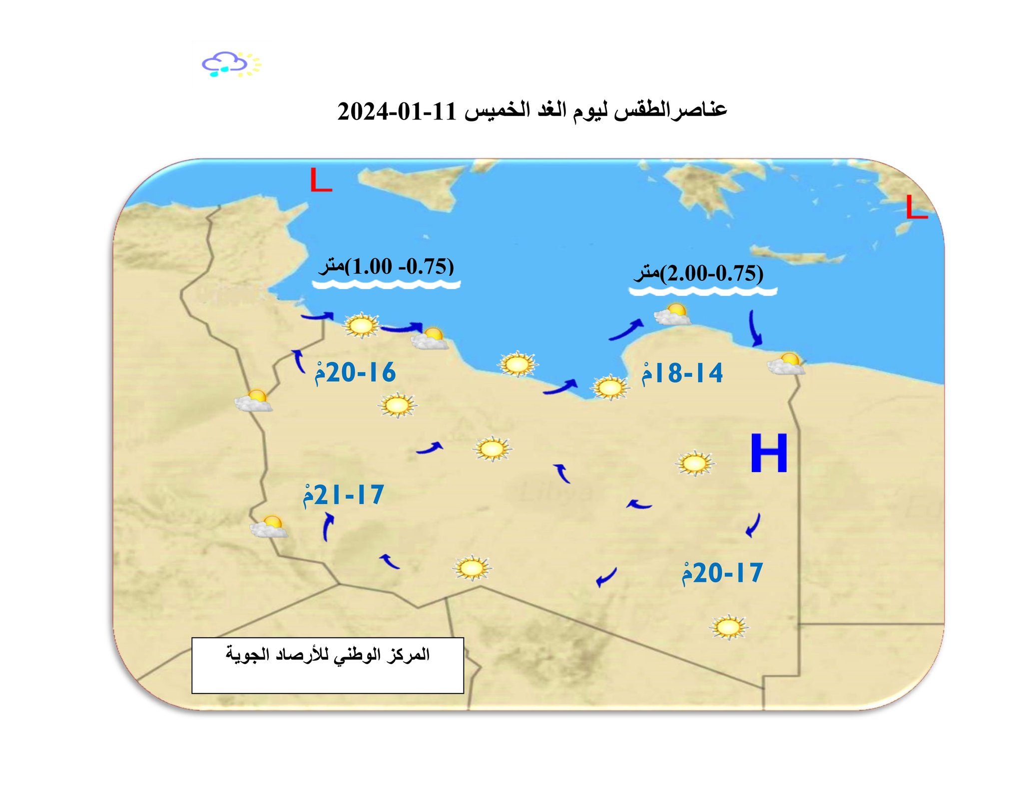 النشرة الجوية ليوم الإربعاء الموافق 10– 01– 2024 الصادرة عن المركز الوطني للأرصاد الجوية