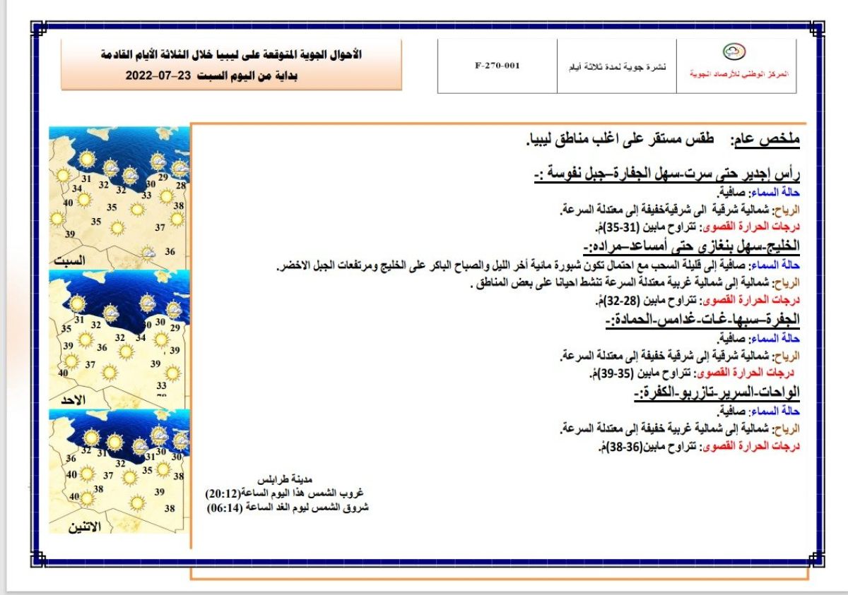 النشرة الجوية ليوم السبت الموافق 23– 07 – 2022 الصادرة عن المركز الوطني للأرصاد الجوية