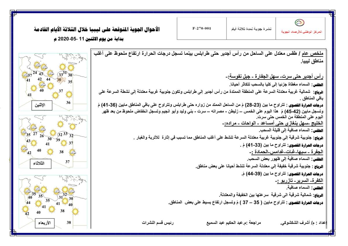 النشرة الجوية ليوم الاثنين الموافق 11 – 05 – 2020 الصادرة عن المركز الوطني للأرصاد الجوية