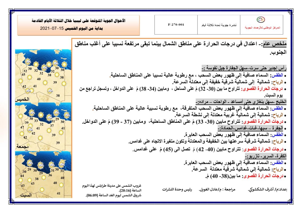 النشرة الجوية ليوم الخميس الموافق 15 – 07 – 2021 الصادرة عن المركز الوطني للأرصاد الجوية