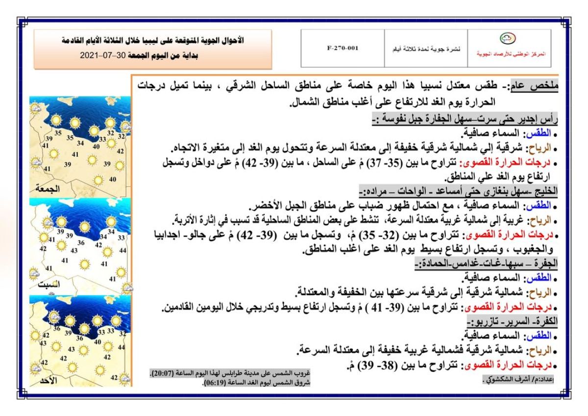 النشرة الجوية ليوم الجمعة الموافق 30 – 07 – 2021 الصادرة عن المركز الوطني للأرصاد الجوية