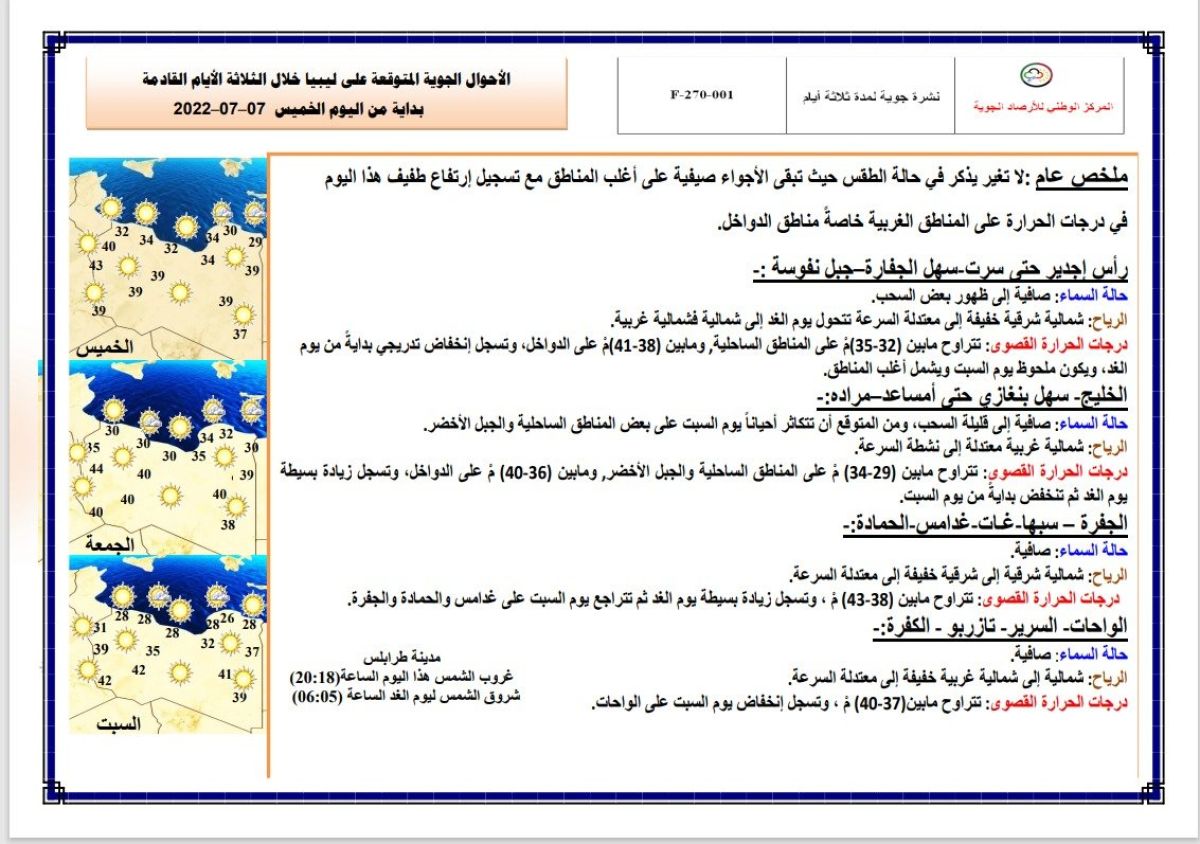 النشرة الجوية ليوم الخميس الموافق 07– 07 – 2022 الصادرة عن المركز الوطني للأرصاد الجوية