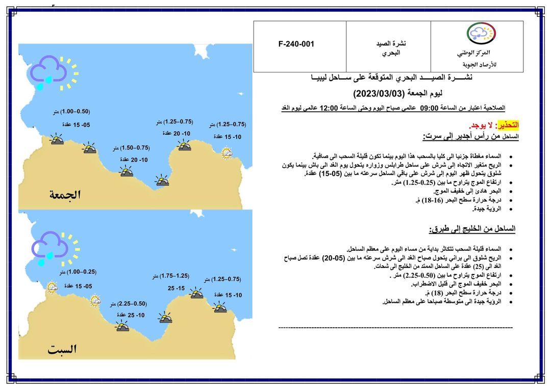 النشرة الجوية ليوم الجمعة الموافق 03 – 03 – 2023 الصادرة عن المركز الوطني للأرصاد الجوية