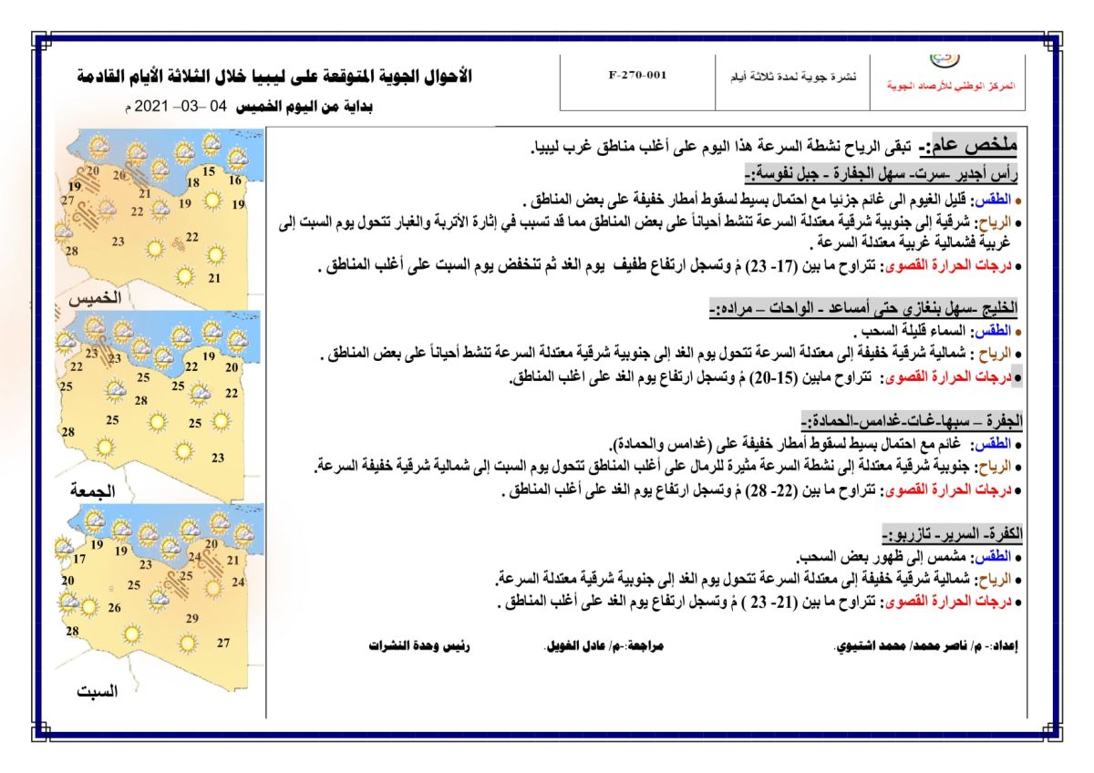 النشرة الجوية ليوم الخميس الموافق 04 – 03 – 2021 الصادرة عن المركز الوطني للأرصاد الجوية