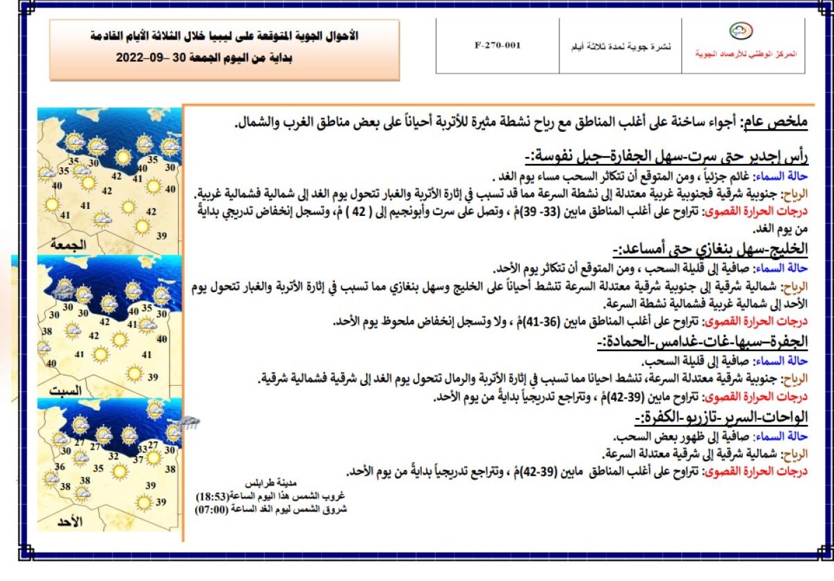 النشرة الجوية ليوم الجمعة الموافق 30 – 09 – 2022 الصادرة عن المركز الوطني للأرصاد الجوية