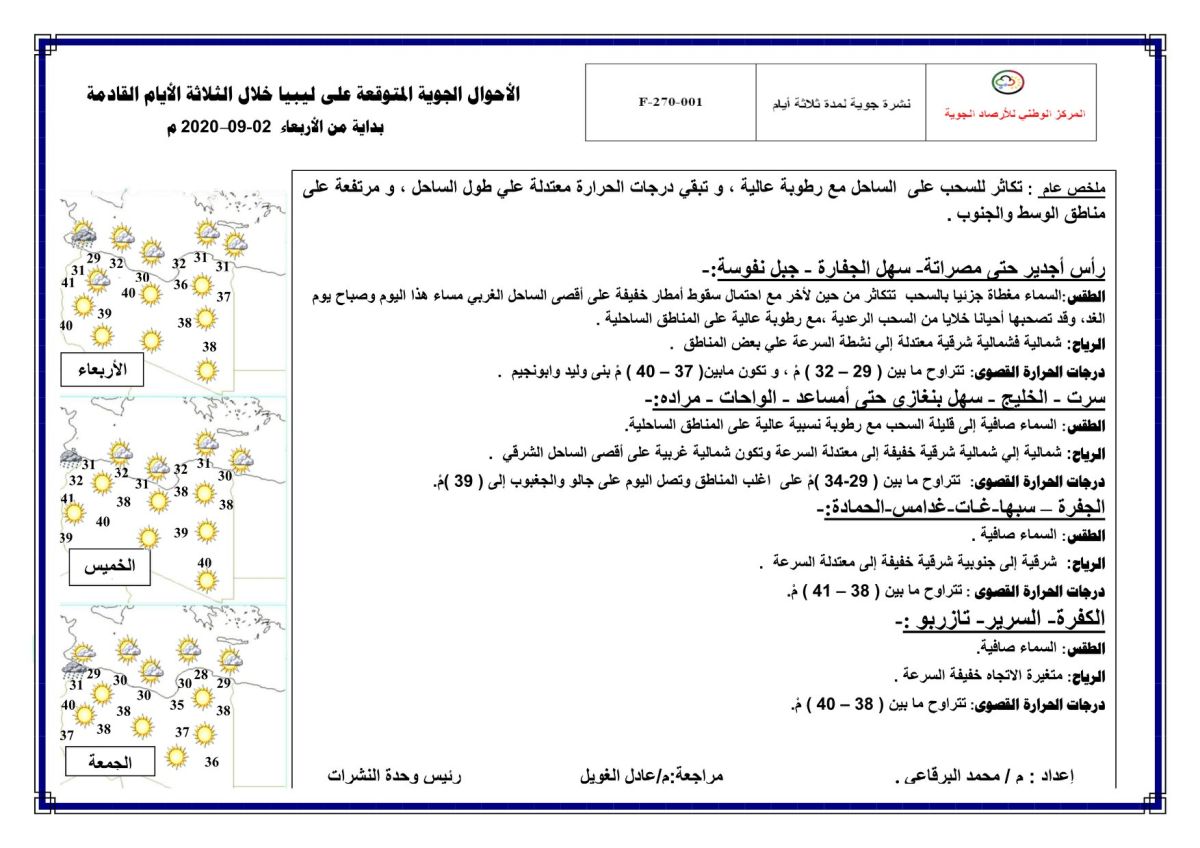 النشرة الجوية ليوم الإربعاء الموافق 02 – 09 – 2020 الصادرة عن المركز الوطني للأرصاد الجوية