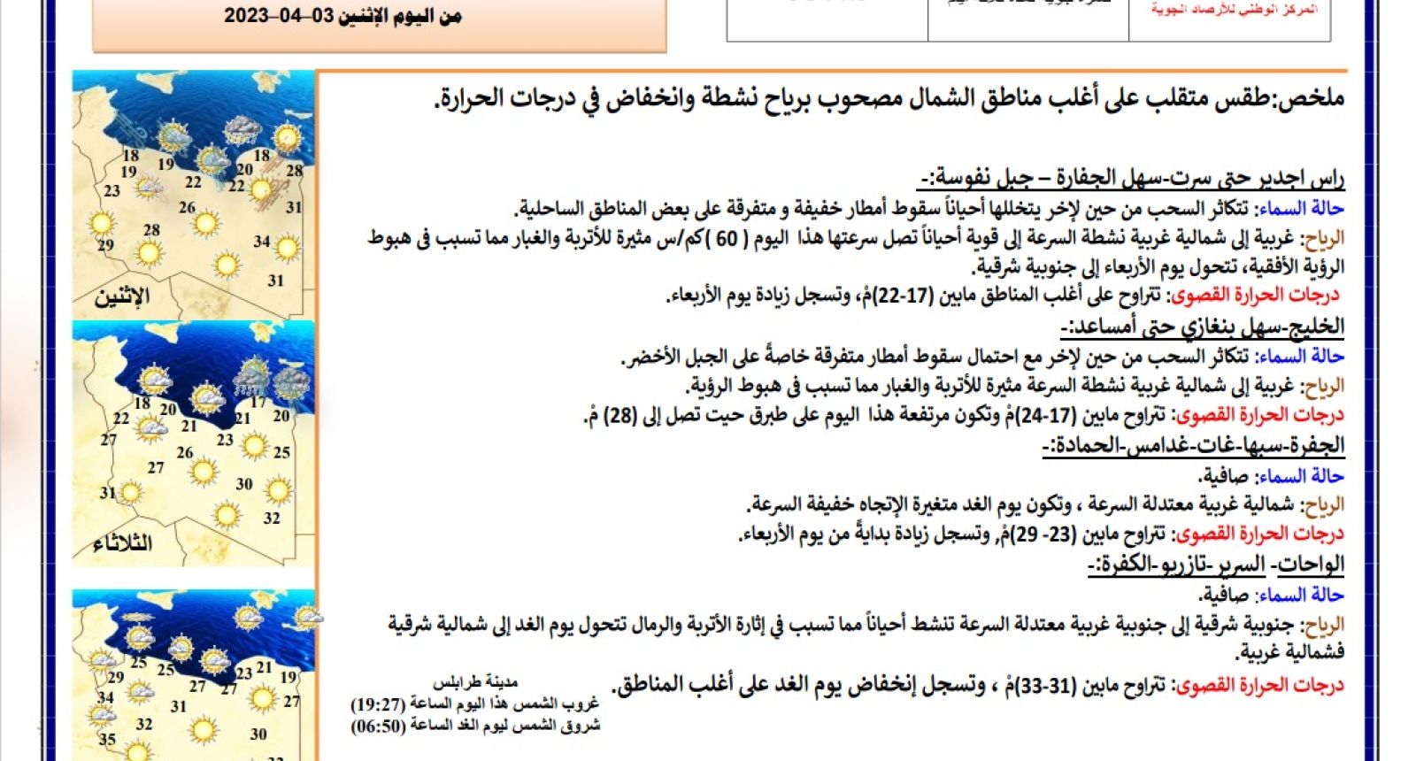 النشرة الجوية ليوم الاثنين الموافق 03– 04 – 2023 الصادرة عن المركز الوطني للأرصاد الجوية
