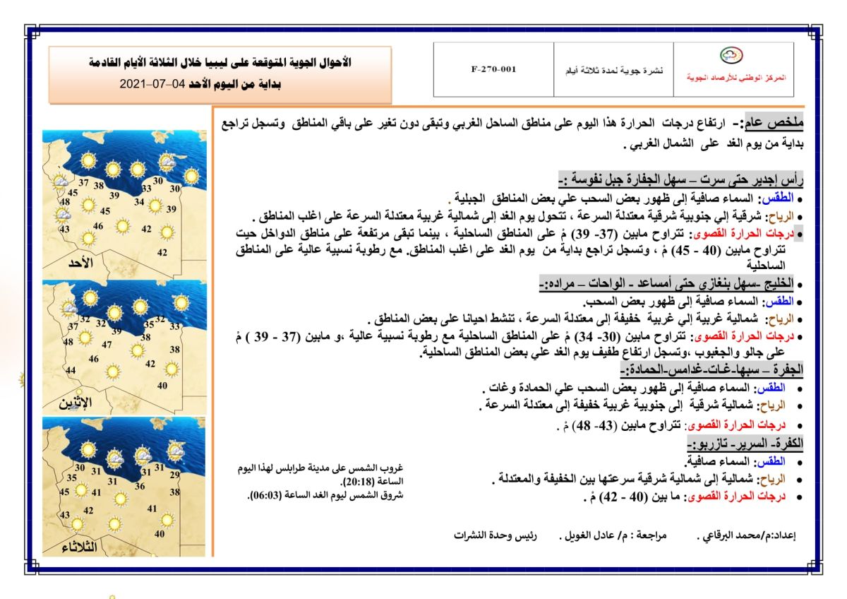 النشرة الجوية ليوم الأحد الموافق 04 – 07 – 2021 الصادرة عن المركز الوطني للأرصاد الجوية