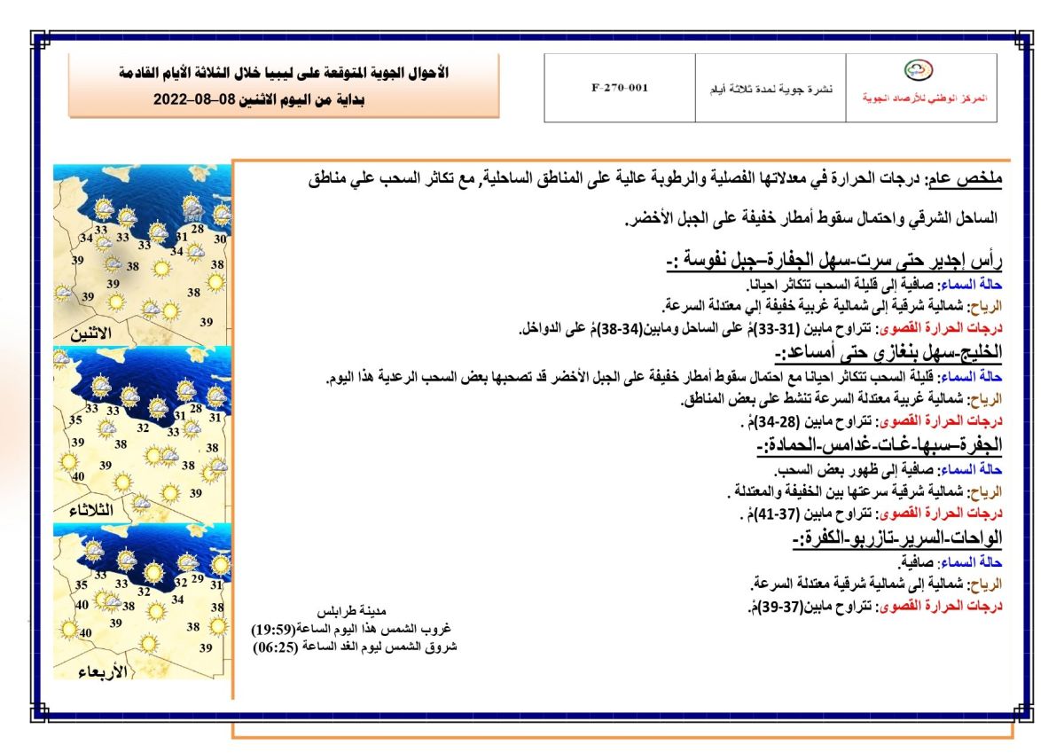 النشرة الجوية ليوم الاثنين الموافق 08 – 08 – 2022 الصادرة عن المركز الوطني للأرصاد الجوية