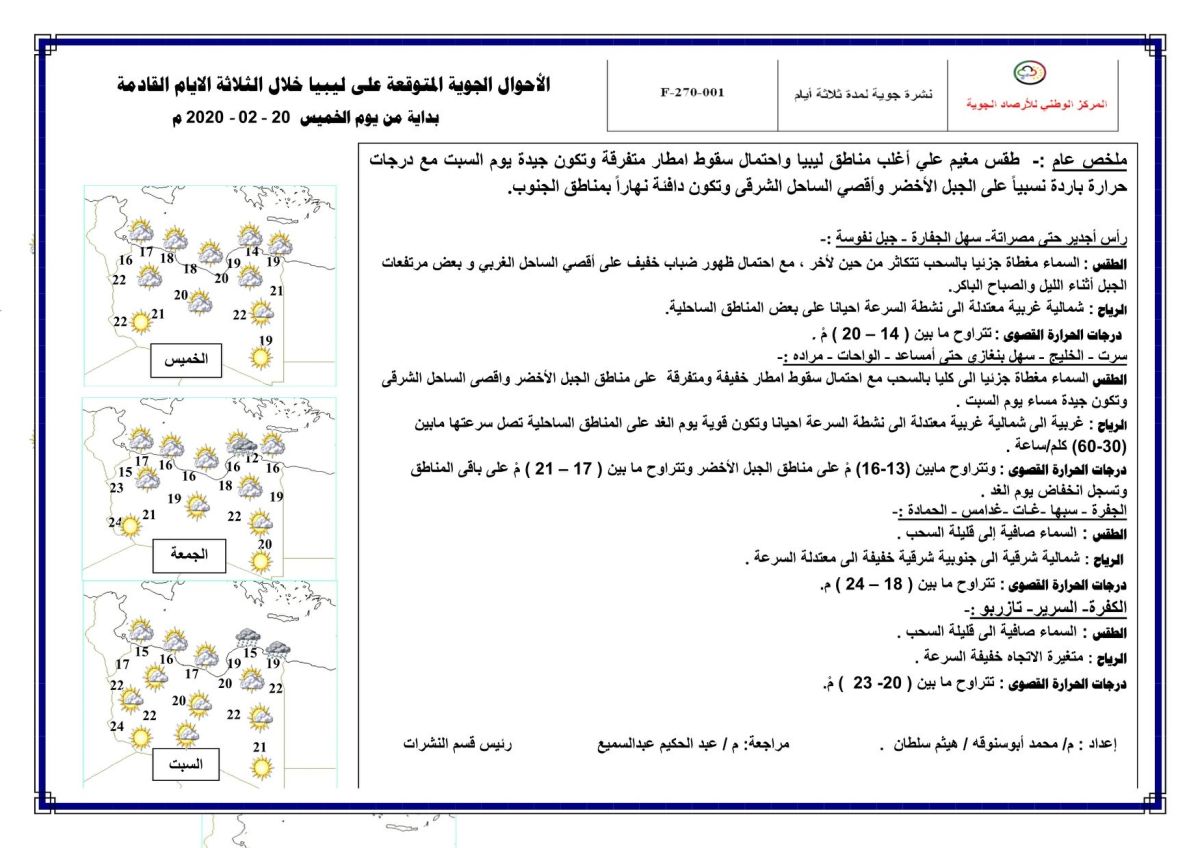 النشرة الجوية ليوم الخميس الموافق 20 – 02 – 2020 الصادرة عن المركز الوطني للأرصاد الجوية