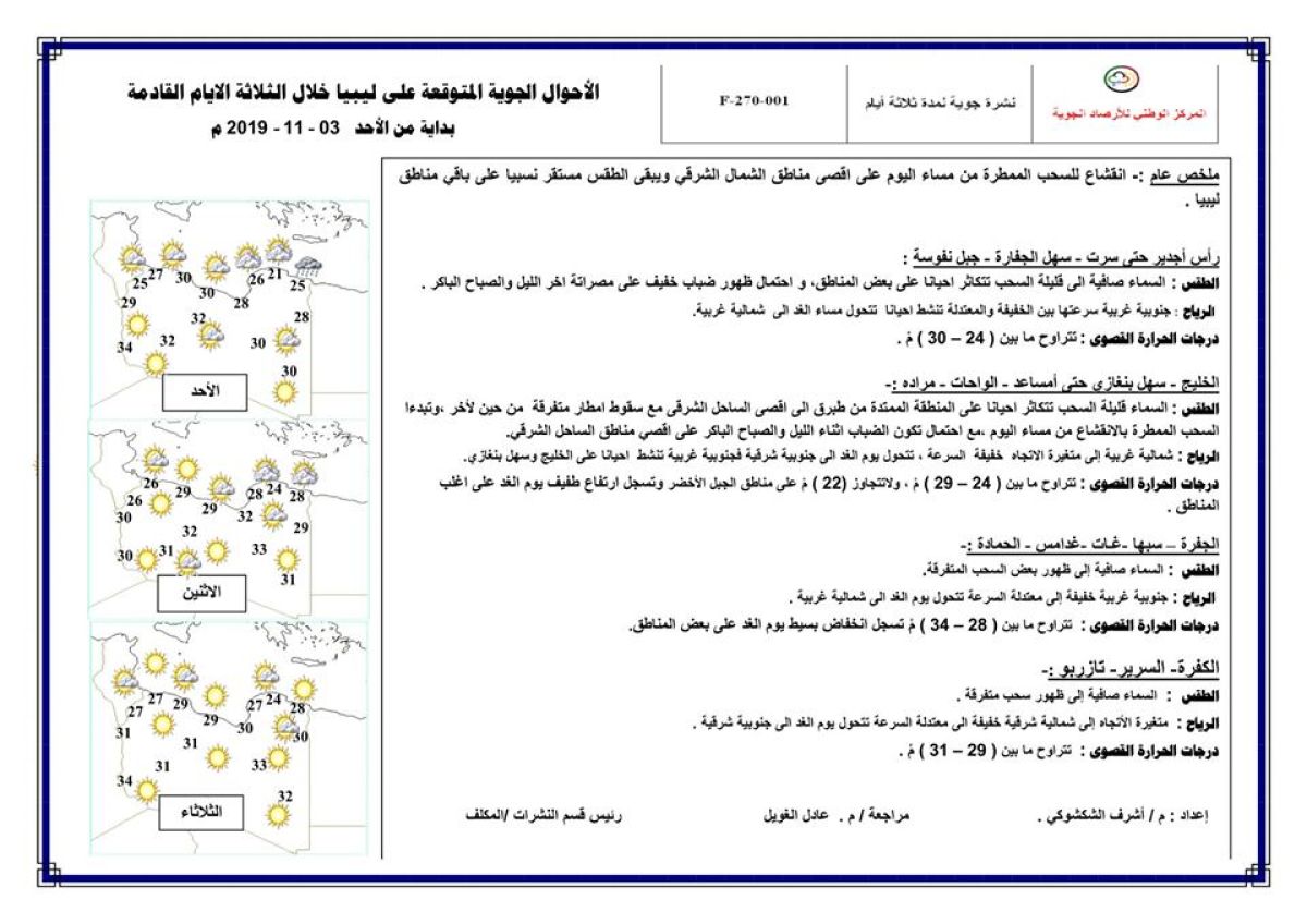 النشرة الجوية ليوم الأحد الموافق 3 – 11 – 2019 الصادرة عن المركز الوطني للأرصاد الجوية