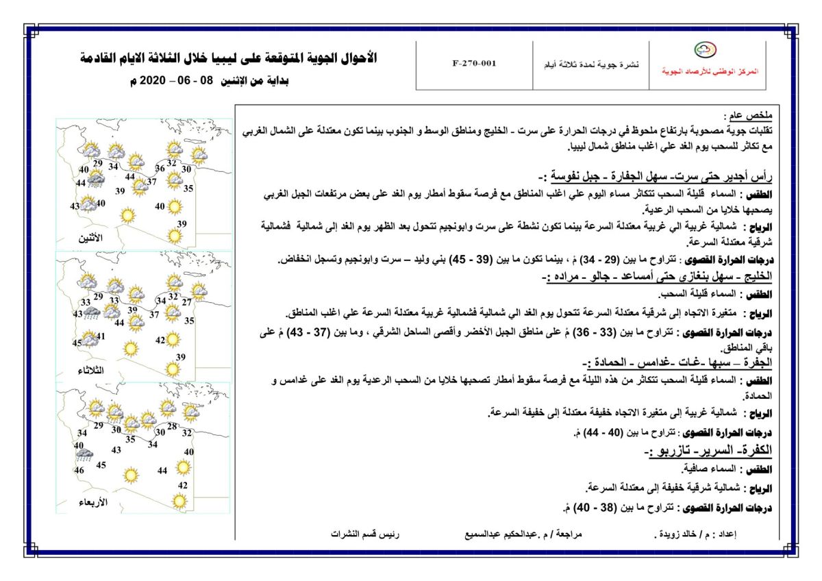 النشرة الجوية ليوم الاثنين الموافق 08 – 06 – 2020 الصادرة عن المركز الوطني للأرصاد الجوية