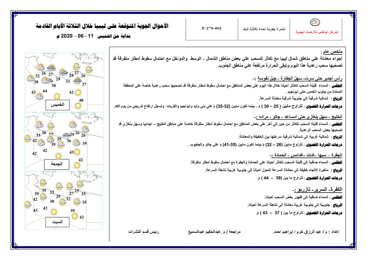 النشرة الجوية ليوم الخميس الموافق 11 – 06 – 2020 الصادرة عن المركز الوطني للأرصاد الجوية