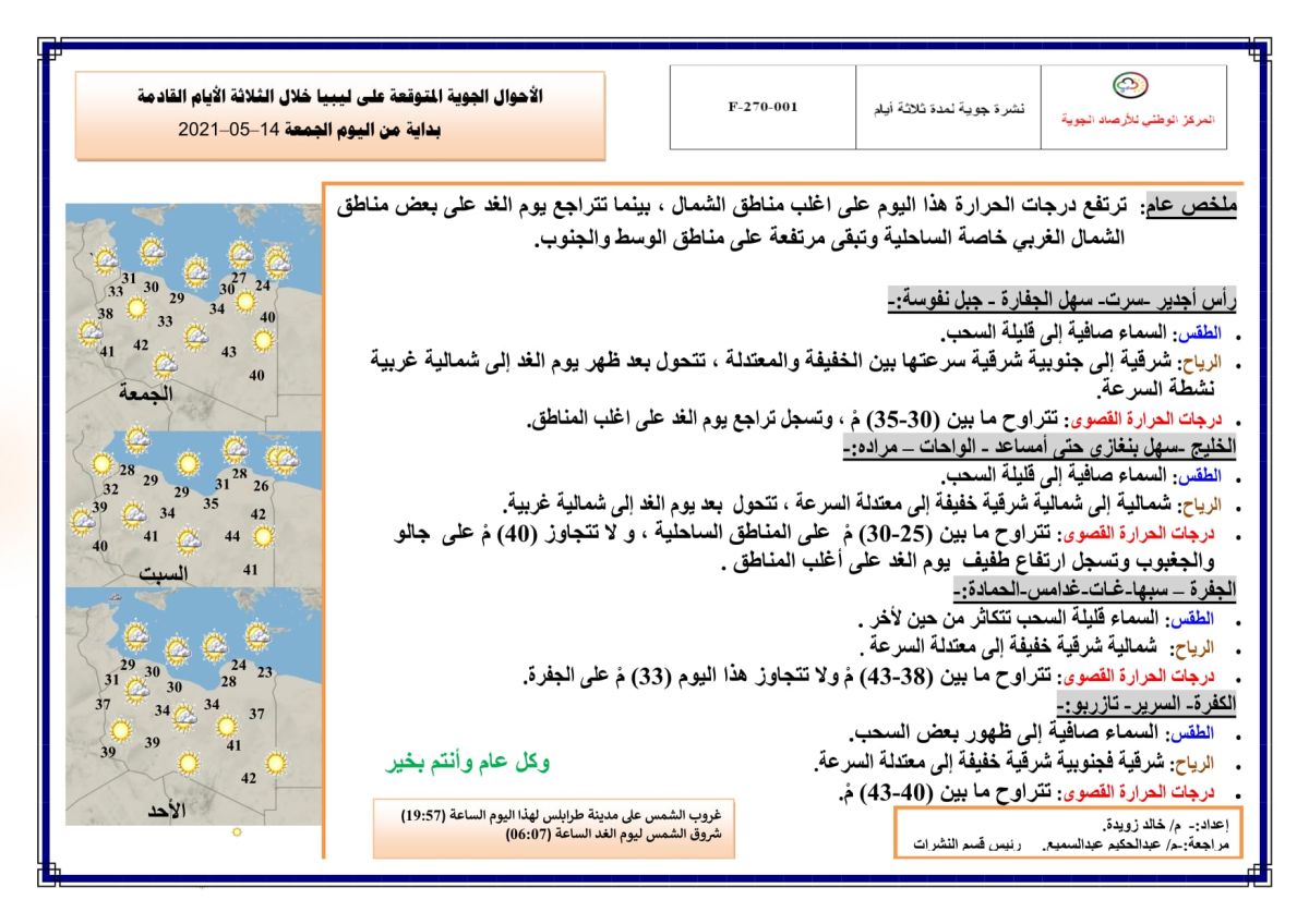 النشرة الجوية ليوم الجمعة الموافق 14 – 05 – 2021 الصادرة عن المركز الوطني للأرصاد الجوية