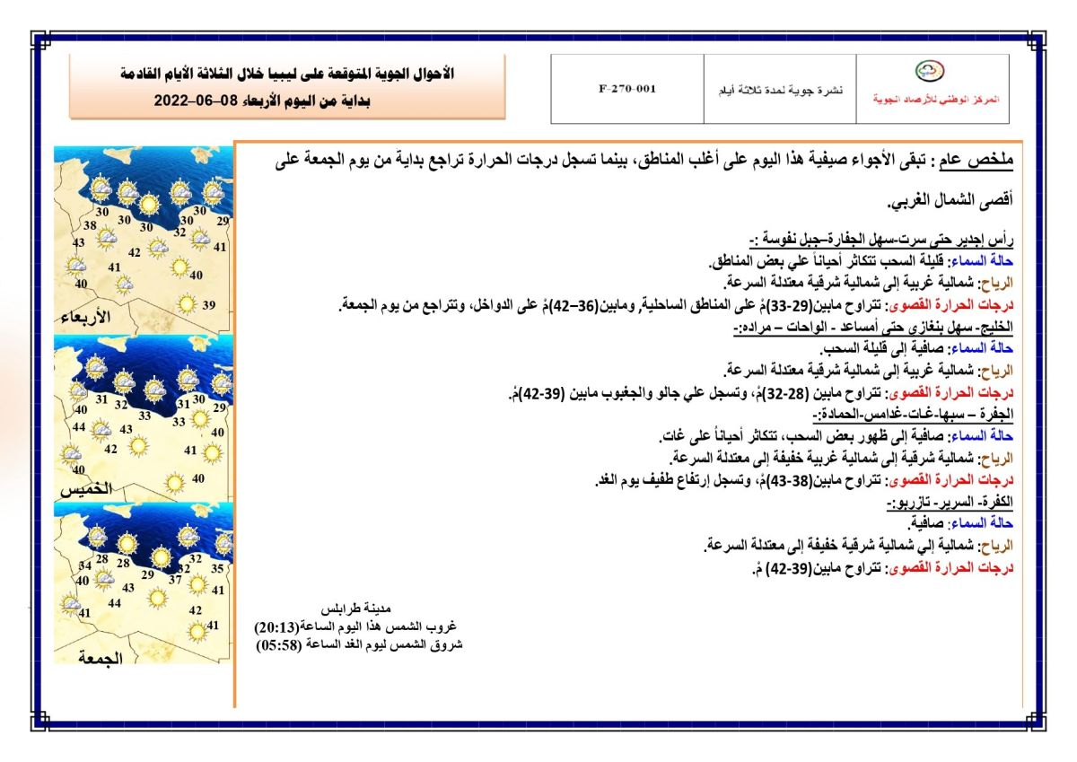 النشرة الجوية ليوم الإربعاء الموافق 08 – 06 – 2022 الصادرة عن المركز الوطني للأرصاد الجوية