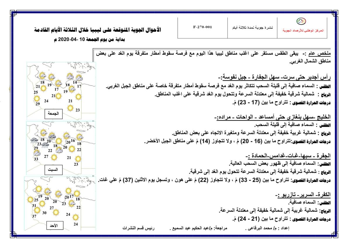النشرة الجوية ليوم الجمعة الموافق 10 – 04 – 2020 الصادرة عن المركز الوطني للأرصاد الجوية 1 النشرة الجوية ليوم الجمعة الموافق 10 – 04 – 2020 الصادرة عن المركز الوطني للأرصاد الجوية