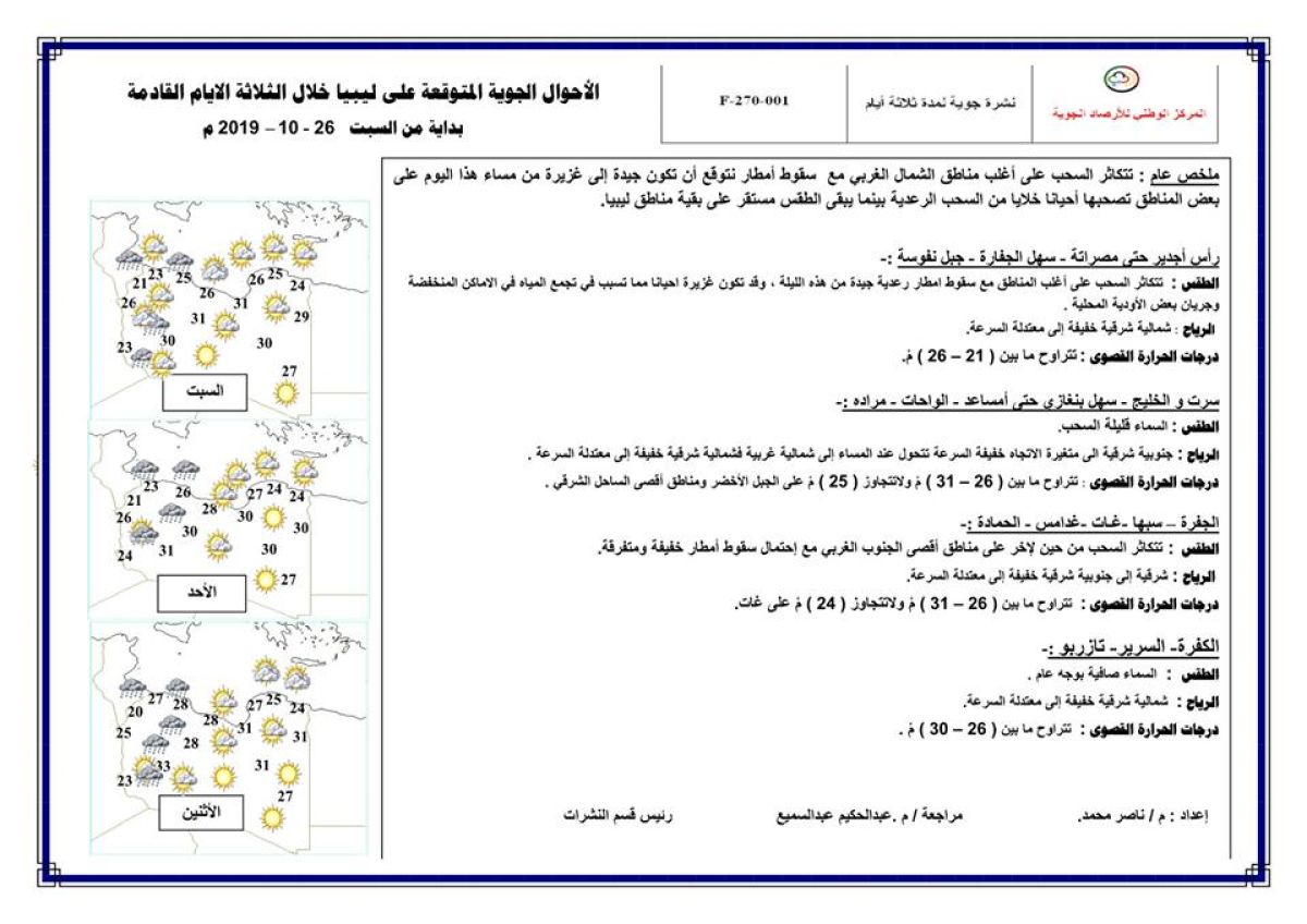 النشرة الجوية ليوم السبت الموافق 26 – 10 – 2019 الصادرة عن المركز الوطني للأرصاد الجوية