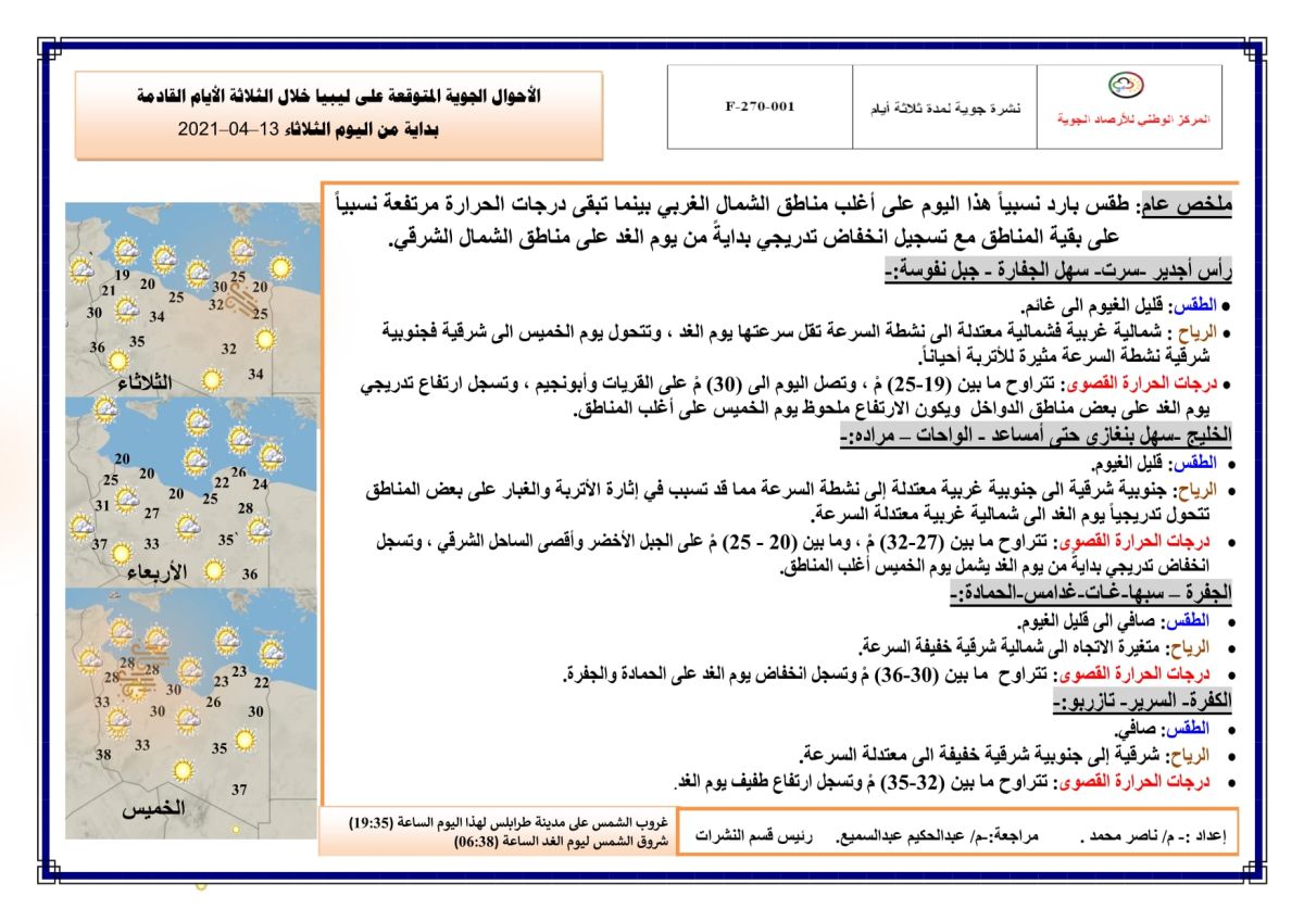 النشرة الجوية ليوم الثلاثاء الموافق 13 – 04 – 2021 الصادرة عن المركز الوطني للأرصاد الجوية