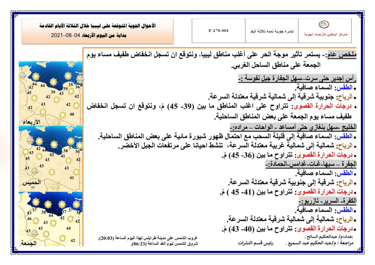 النشرة الجوية ليوم الإربعاء الموافق 04 – 08 – 2021 الصادرة عن المركز الوطني للأرصاد الجوية