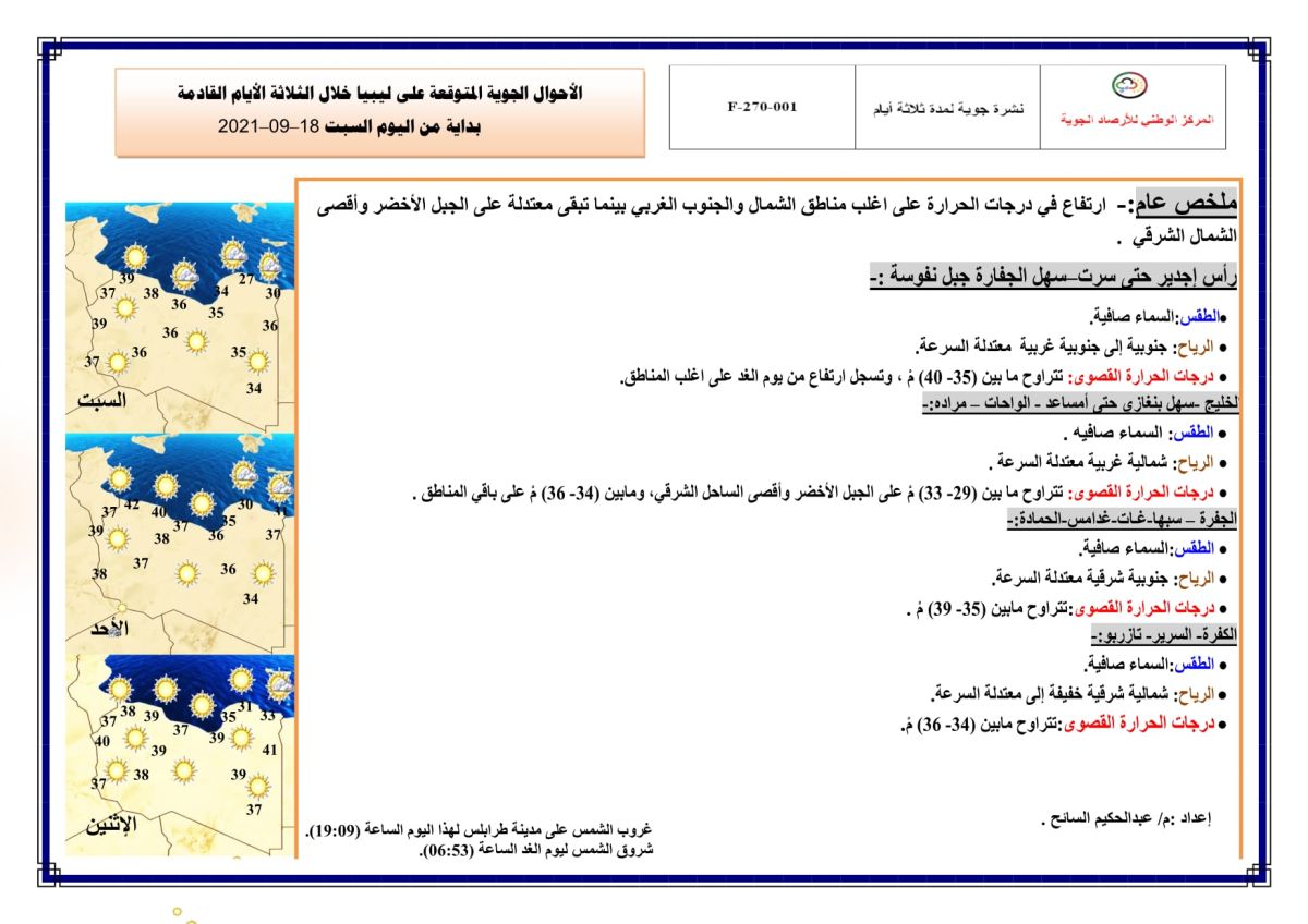 النشرة الجوية ليوم السبت الموافق 18– 09 – 2021 الصادرة عن المركز الوطني للأرصاد الجوية