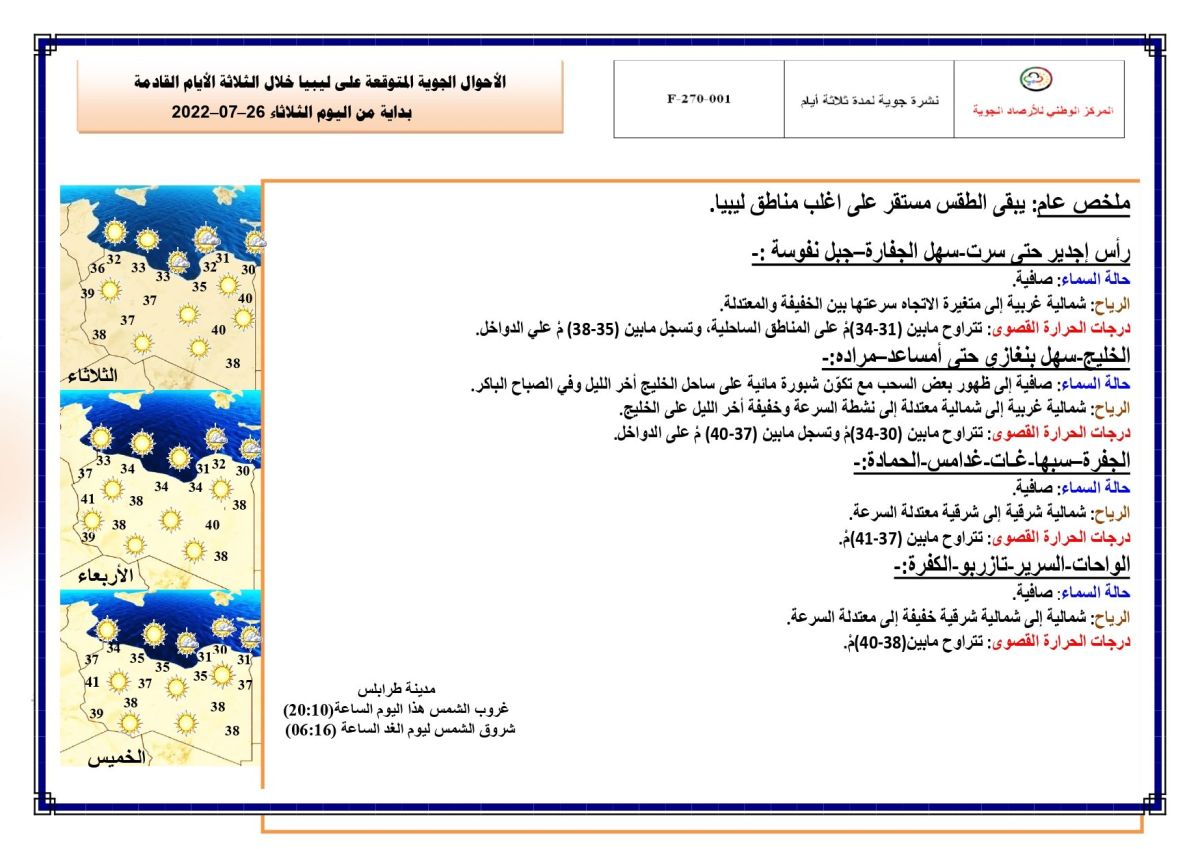 النشرة الجوية ليوم الثلاثاء الموافق 26 – 07 – 2022 الصادرة عن المركز الوطني للأرصاد الجوية