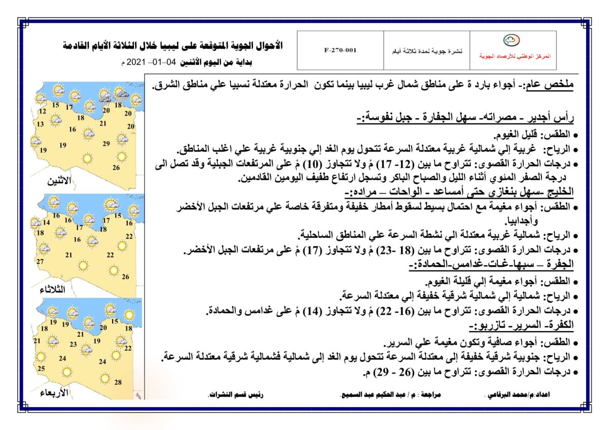 النشرة الجوية ليوم الاثنين الموافق 04 – 01 – 2021 الصادرة عن المركز الوطني للأرصاد الجوية