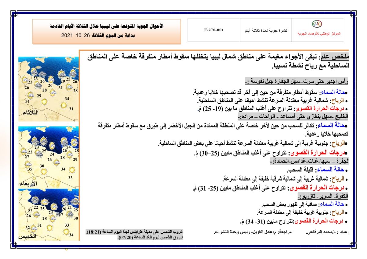 النشرة الجوية ليوم الثلاثاء الموافق 26 – 10 – 2021 الصادرة عن المركز الوطني للأرصاد الجوية