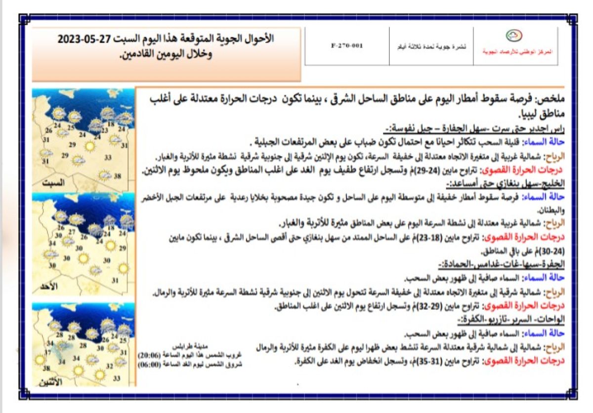 النشرة الجوية ليوم السبت الموافق 27 – 05 – 2023 الصادرة عن المركز الوطني للأرصاد الجوية