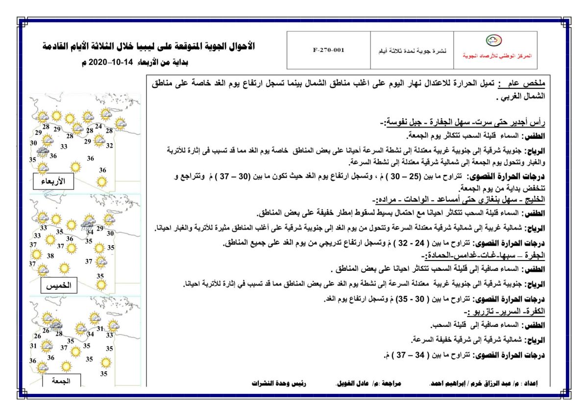 النشرة الجوية ليوم الاربعاء الموافق 14 – 10 – 2020 الصادرة عن المركز الوطني للأرصاد الجوية