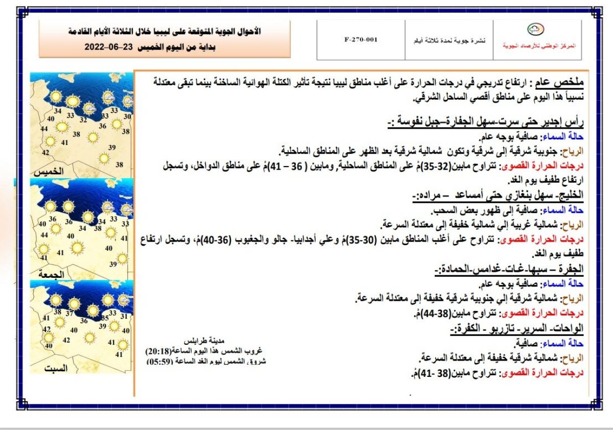 النشرة الجوية ليوم الخميس الموافق 23– 06 – 2022 الصادرة عن المركز الوطني للأرصاد الجوية