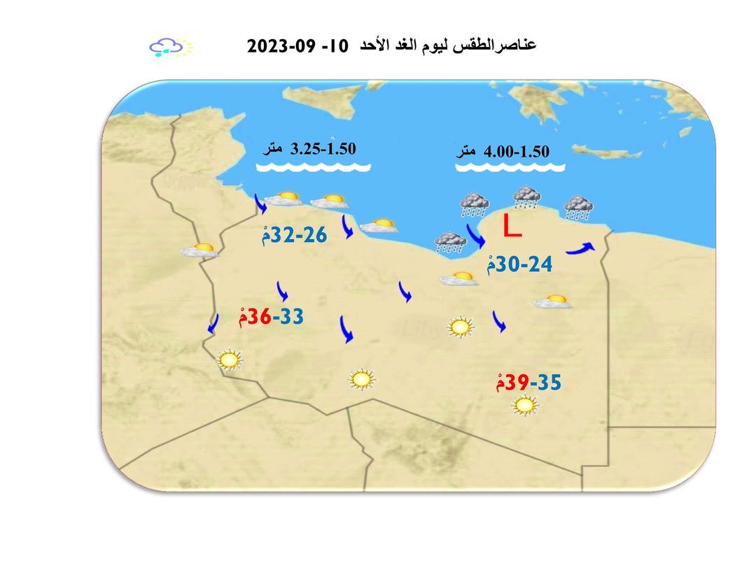 النشرة الجوية ليوم السبت الموافق 09 – 09 – 2023 الصادرة عن المركز الوطني للأرصاد الجوية