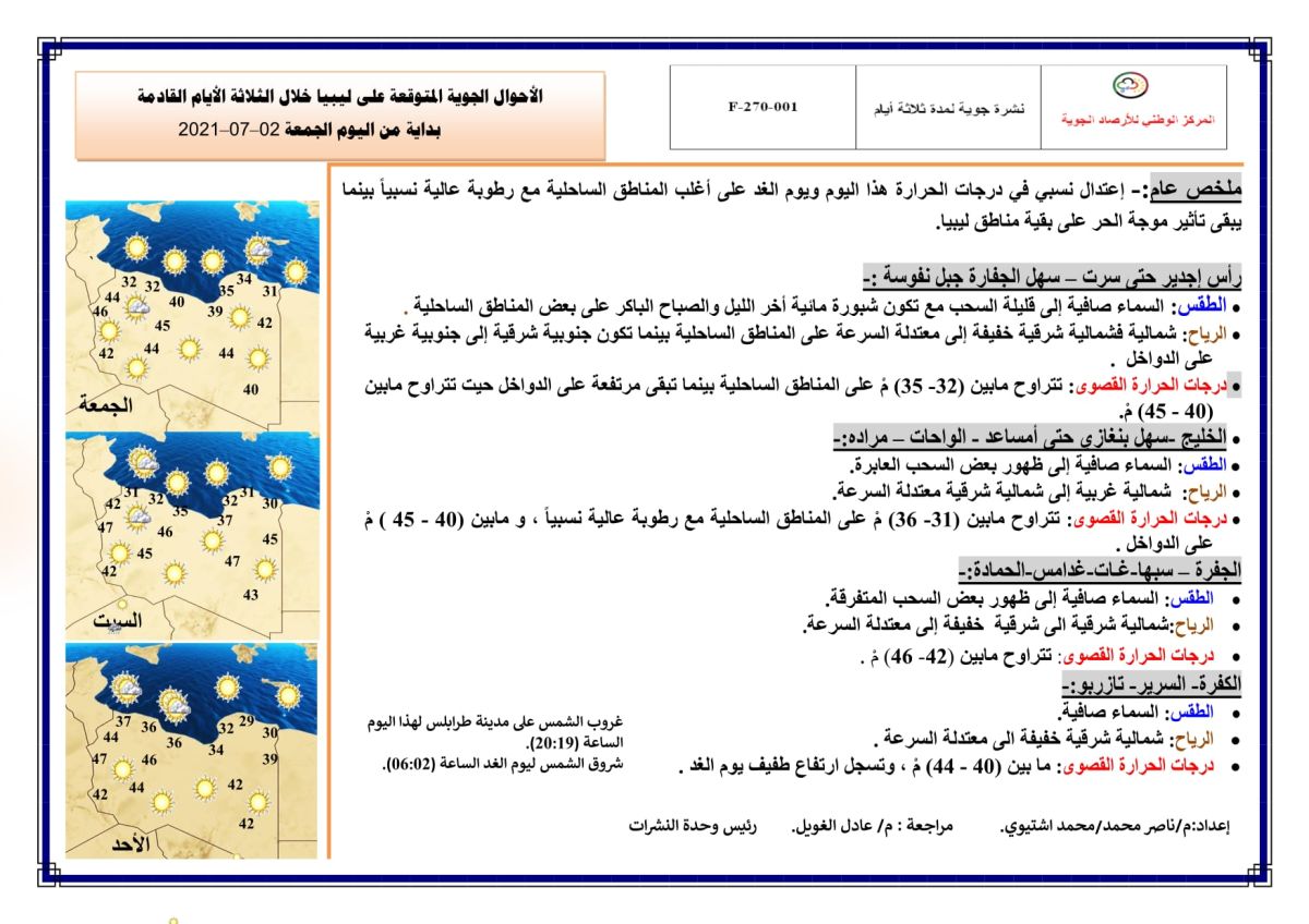 النشرة الجوية ليوم الجمعة الموافق 02 – 07 – 2021 الصادرة عن المركز الوطني للأرصاد الجوية