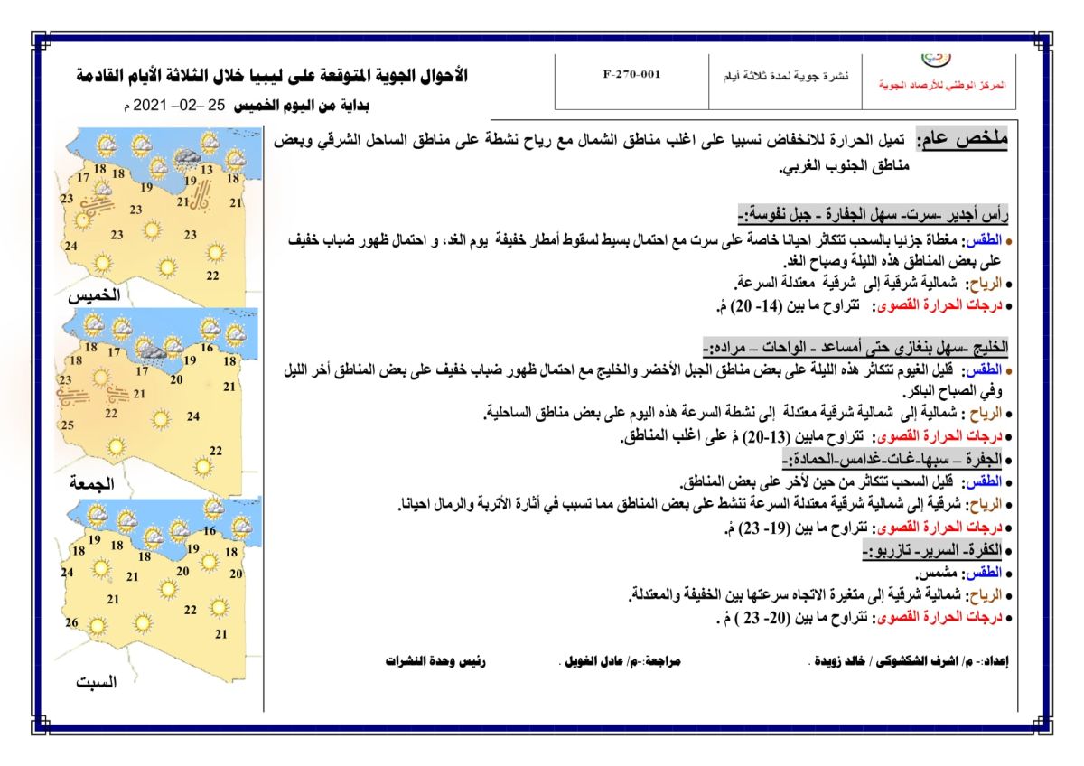 النشرة الجوية ليوم الخميس الموافق 25 – 02 – 2021 الصادرة عن المركز الوطني للأرصاد الجوية