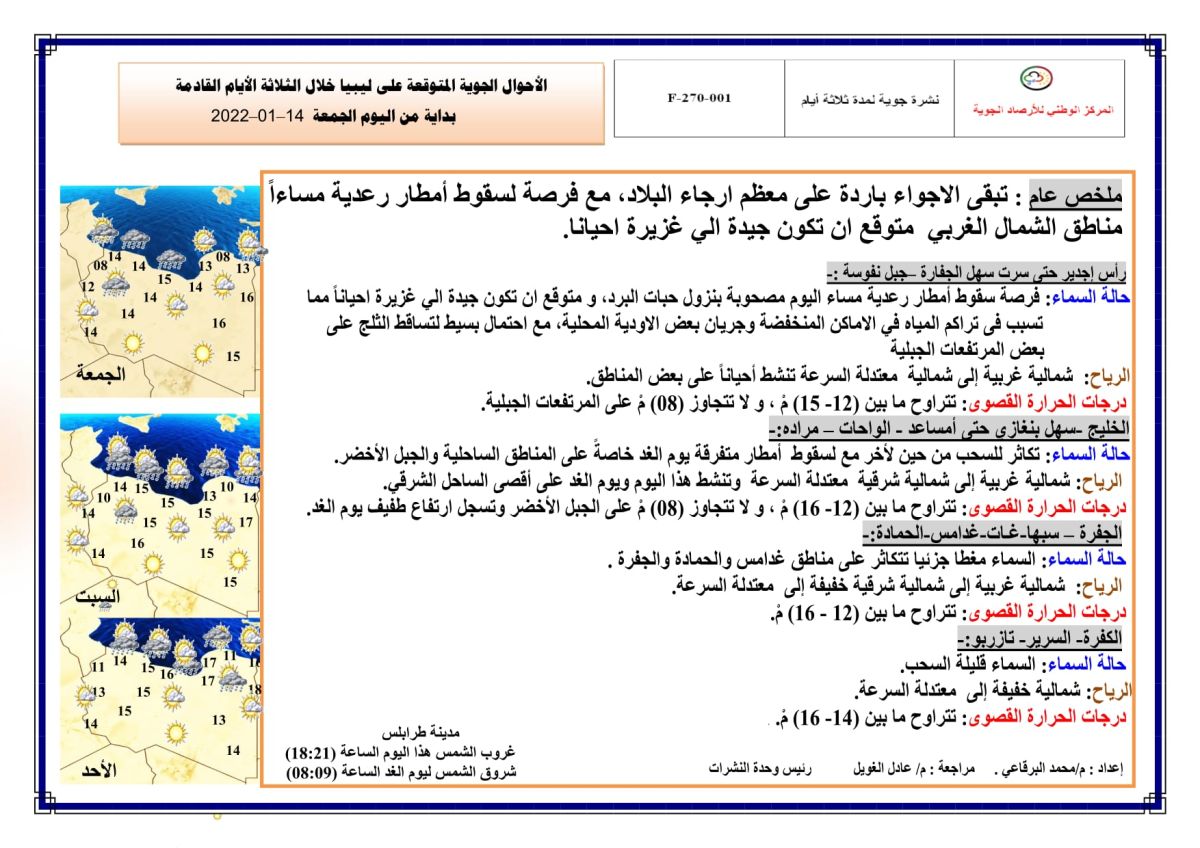 النشرة الجوية ليوم الجمعة الموافق 14 – 01 – 2022 الصادرة عن المركز الوطني للأرصاد الجوية