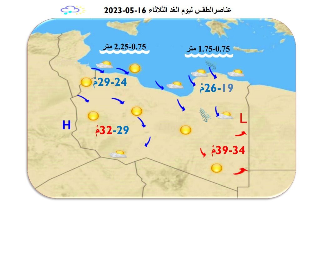 النشرة الجوية ليوم الاثنين الموافق 15– 05 – 2023 الصادرة عن المركز الوطني للأرصاد الجوية