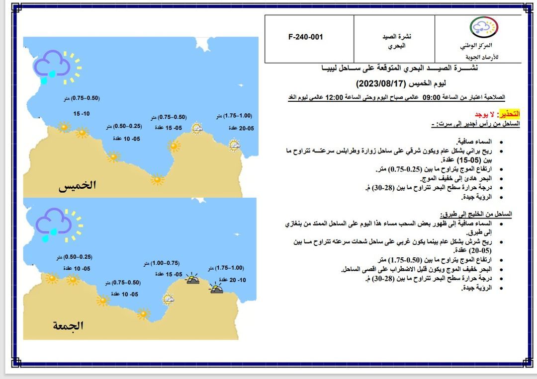 النشرة الجوية ليوم الخميس الموافق 17 – 08 – 2023 الصادرة عن المركز الوطني للأرصاد الجوية