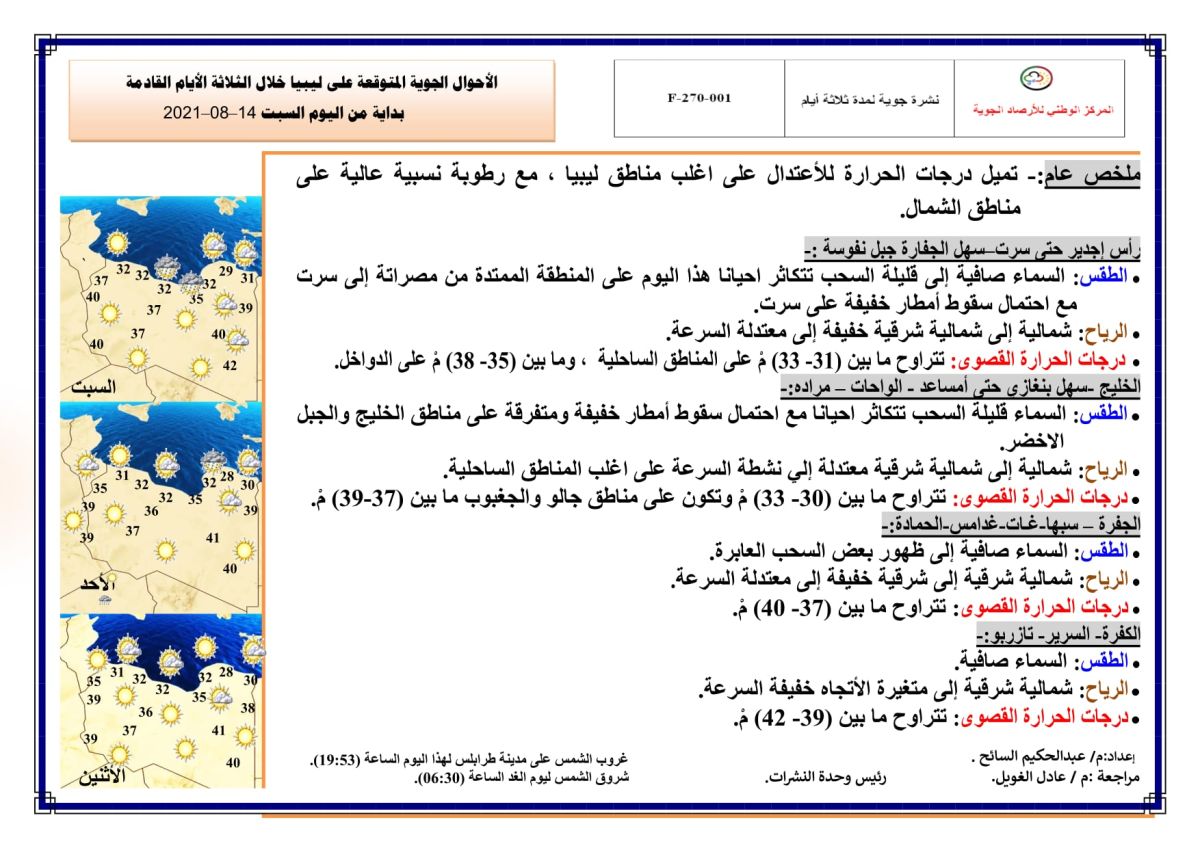 النشرة الجوية ليوم السبت الموافق 14 – 08 – 2021 الصادرة عن المركز الوطني للأرصاد الجوية