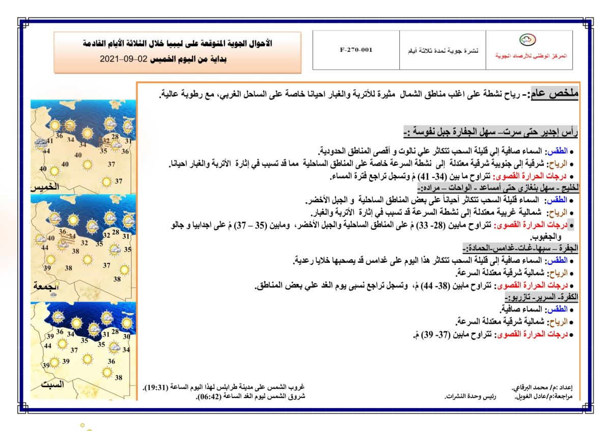 النشرة الجوية ليوم الخميس الموافق 02 – 09 – 2021 الصادرة عن المركز الوطني للأرصاد الجوية