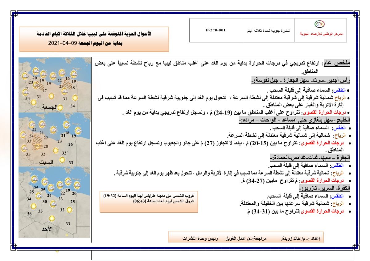 النشرة الجوية ليوم الجمعة الموافق 09 – 04 – 2021 الصادرة عن المركز الوطني للأرصاد الجوية