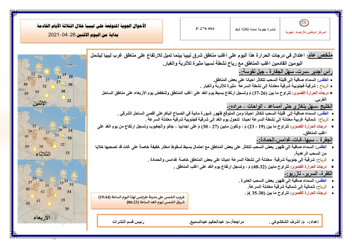 النشرة الجوية ليوم الاثنين الموافق 26 – 04 – 2021 الصادرة عن المركز الوطني للأرصاد الجوية